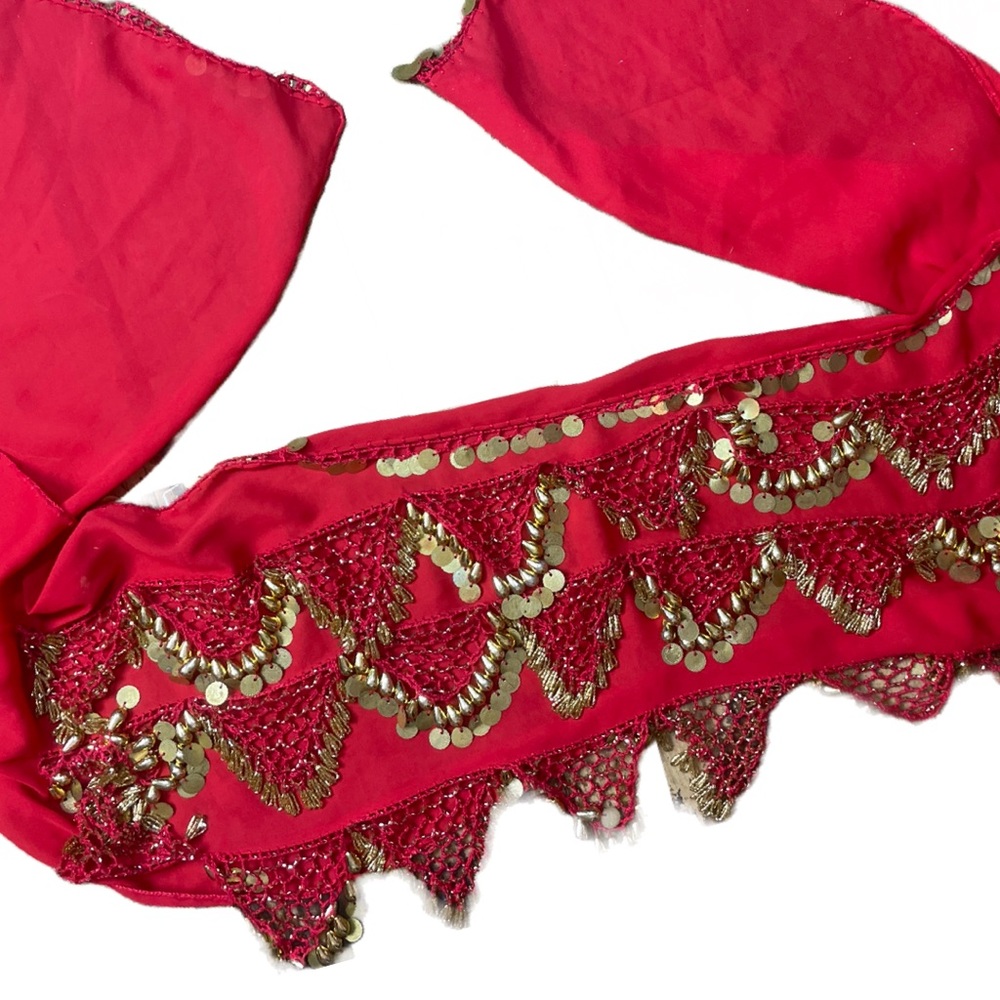 Red deluxe belly dancing scarf/belt gold coins and teardrop beads